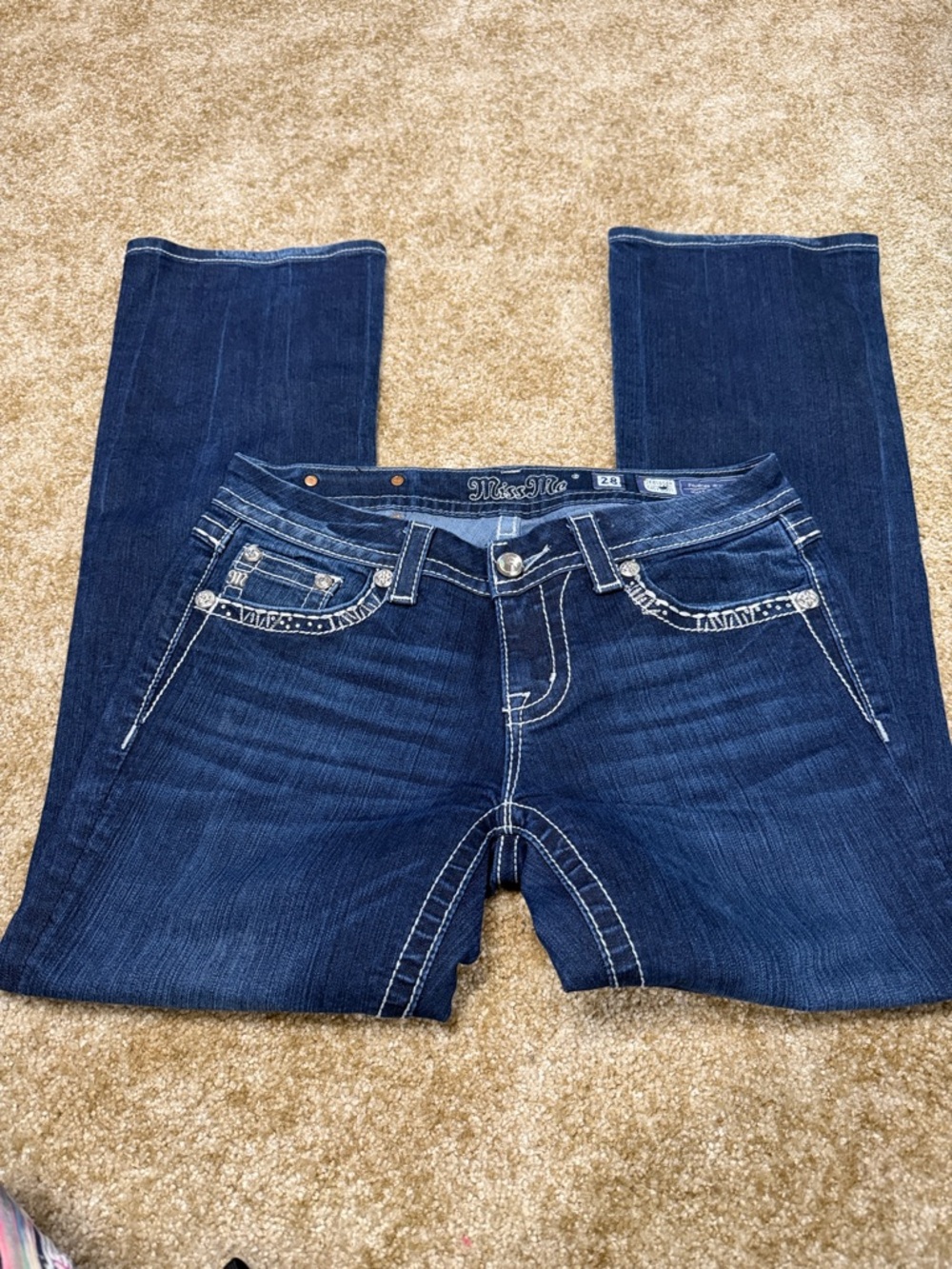 Miss Me Dark Indigo Boot Cut Jeans with White Contrast Stitching